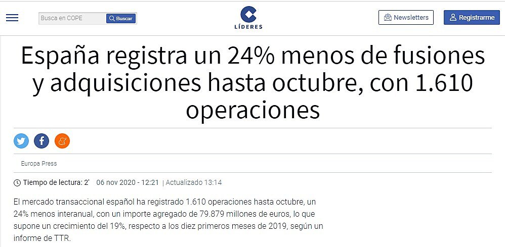 Espaa registra un 24% menos de fusiones y adquisiciones hasta octubre, con 1.610 operaciones